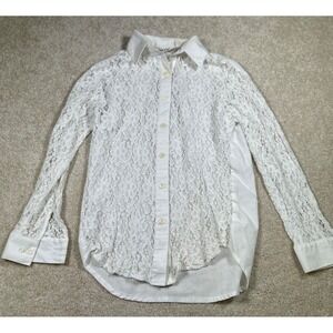 Vintage Mix It Womans Size M Sheer Lace Long Sleeve‎ Button Up Shirt White